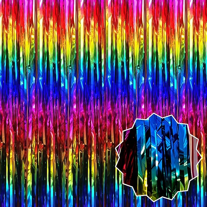 3 Pack Rainbow Foil Fringe Curtains Backdrop, 3.28 x 8.2 Ft Metallic Streamers Tinsel Curtains Background for Photo Booth, Birthday, Halloween, Christmas, Thanksgiving, New Year Party Decorations
