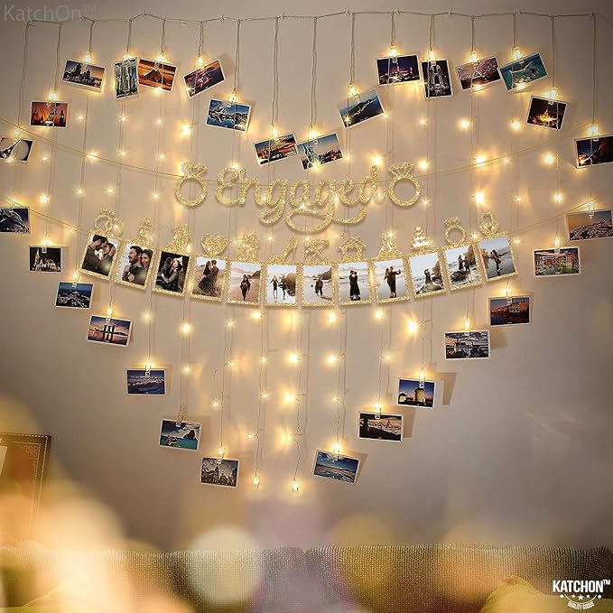 KatchOn, Gold Glitter Engaged Photo Banner - 2 String, 10 Feet, No DIY | Gold Engagement Party Decorations | Engagement Photo Banner for Bachelorette Party Decorations | She Said Yes Decorations