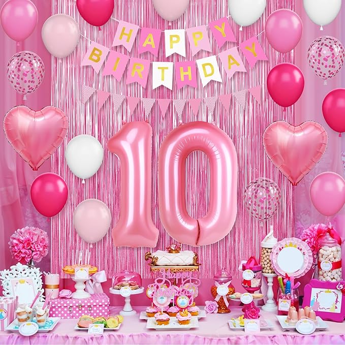 10th Birthday Decorations for Girls,Hot Pink 10th Birthday Balloons with Happy Birthday Banner Fringe Curtain Heart Foil Balloons for 10 Year Old Birthday Decor