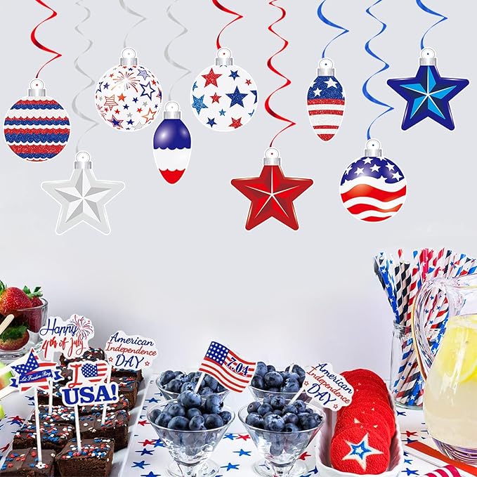 YQUQWN 48 PCS 4th of July Hangings Swirl Decorations, Independence Day Patriotic Party Supplies, No DIY Ceiling Streamers Decor for Holiday Birthday Wedding Veteran Day Tree Red White Blue Decorations