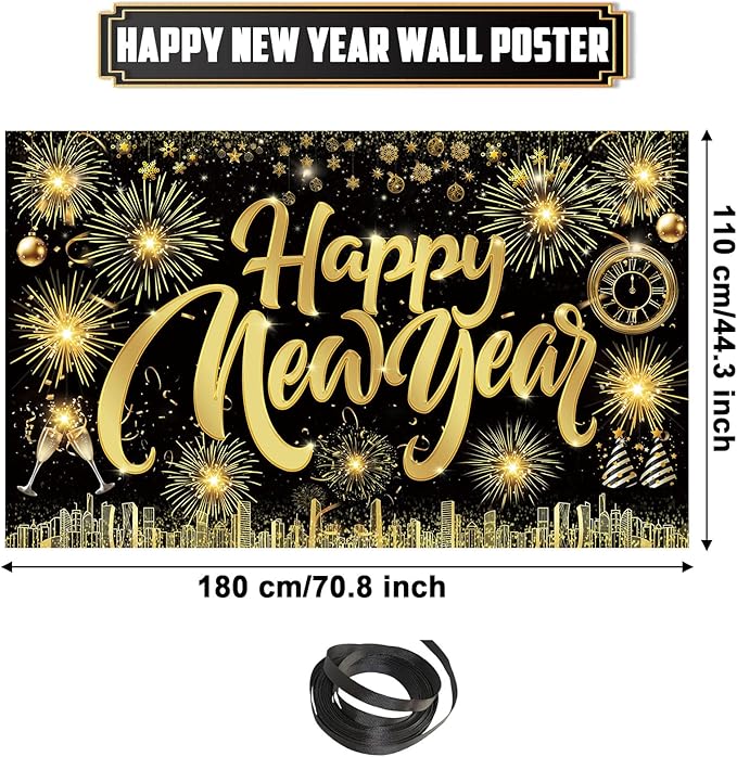 Famoby Happy New Year Fabric Sign Poster Banner Backdrop with Pattern Firework Champagne for Photo Booth Background New Year Party Decorations Supplies