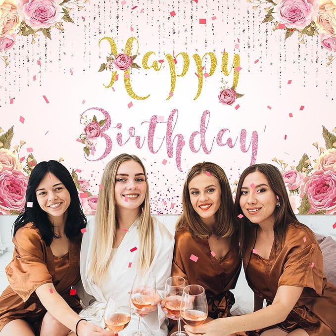 Happy Birthday Banner Pink Birthday Party Backdrop for Women Girls birthday sign Courtyard Photography Background Indoor Outdoor 71 x 47 inches
