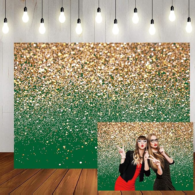 Gold Glitter Green Backdrop 7x5ft – Sparkling Green and Gold Photography Background for Birthday Party, Christmas, Anniversary, Wedding Holiday Decorations Photo Booth Props
