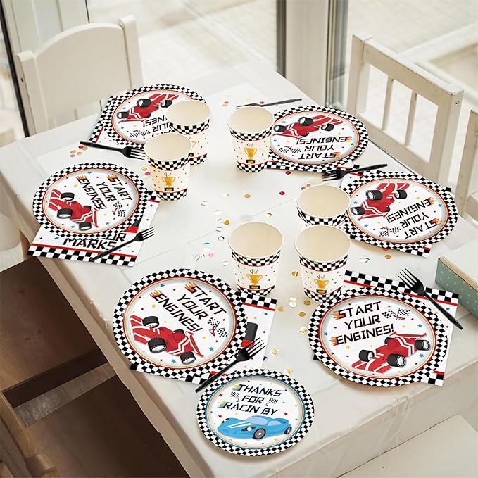120pcs Racing Car Party Plates Napkins Checked Race Car Birthday Supplies Boys Kids Disposable Tableware Set Paper Cups Forks for Race Car Theme Party Decorations,24 Guests