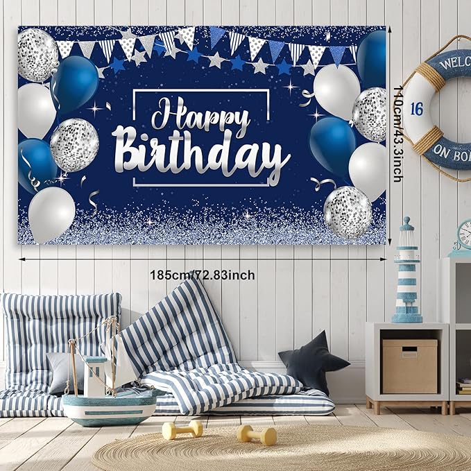 Tatuo Navy Blue Birthday Confetti Balloons Kit Set Photography Backdrop Banner Package for Boys Girls Men Women Birthday Party Decorations Supplies(Navy Blue and Silver)