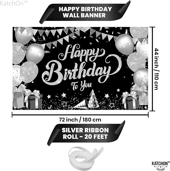 KatchOn, Silver Happy Birthday Banner - Large, 72x44 Inch | Happy Birthday Decorations for Men, Women, Boys and Girls | Birthday Backdrop For Silver Party Decorations