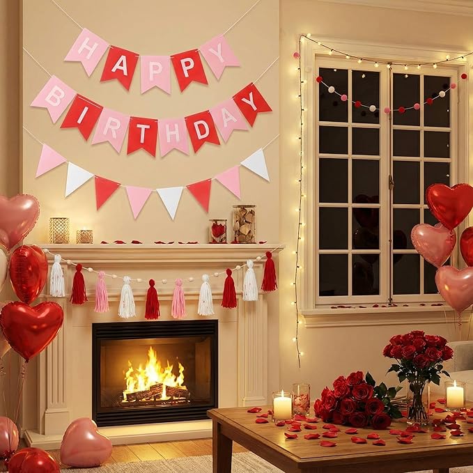 139 Pcs Felt DIY Custom Banner Kit Include 104 Letters 18 Swallowtail Flags 15 Pennants 2 Pcs Pom Pom Garland Tassel Pompom Decoration for Home Baby Shower Birthday(Valentine's Pink)