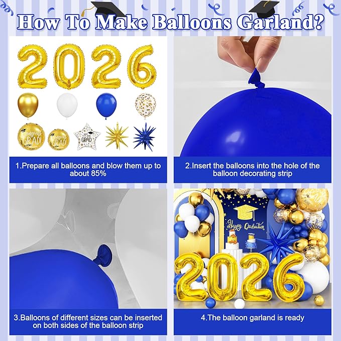 Graduation Balloons Garland Arch Kit, Graduation Balloons Class of 2026, Navy Blue and Gold White Latex Balloon with Foil Balloon for Class of 2026 Party Decor