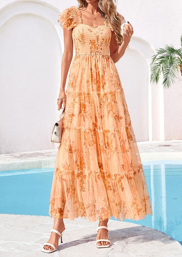 PRETTYGARDEN Women's Summer Tulle Midi Dress Sleeveless Smocked Ruffle Flowy Mesh Dresses Party Wedding Guest Sundress