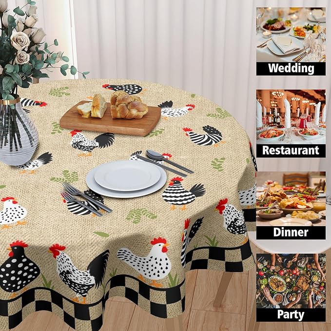 Rooster Round Tablecloth 70 Inch Chicken Farmhouse Circle Table Cloth Rustic Vintage Table Cover Washable Polyester Decorations for Holiday Home Kitchen Dinning Party