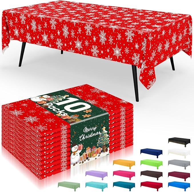 Smiry Disposable Table Cloth - 10 Pack, 54 x 108 Inch Waterproof Rectangle Tablecloths for Parties, Decorative Plastic Table Cover, Leakproof & Sturdy, Red & White