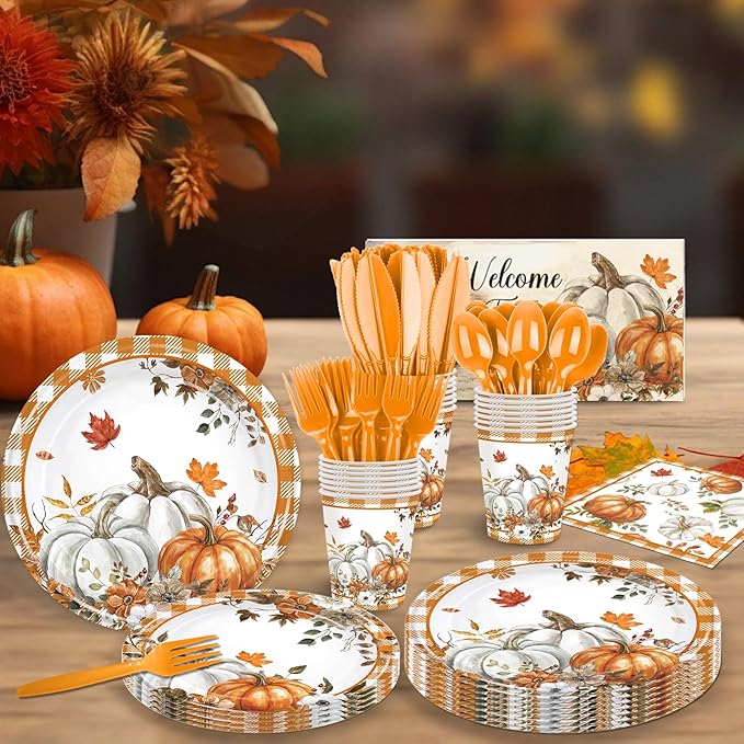 168PCS Fall Pumpkin Party Supplies for Birthday Baby Shower Autumn Watercolor Pumpkin Floral Party Decorations Thanksgiving Harvest Plates Cups Napkins Tableware for Bridal Shower 24 Guests