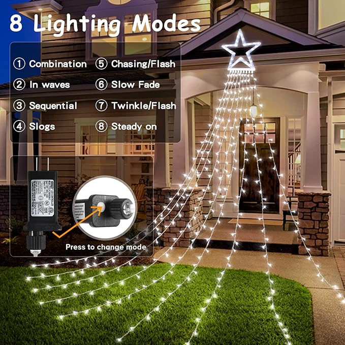 BlcTec Outdoor Christmas Lights 317 LED Christmas Star Lights with 9 Strands 11.9ft Waterfall Tree Lights, 8 Modes, Waterproof & Timer for Garden Yard Patio Outdoor Xmas Decorations, Cool White