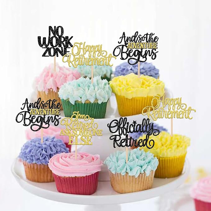 30 PCS Happy Retirement Cupcake Toppers Officially Retired Cupcake Picks No Work Zone Adventure Begins Cake Decorations for Retirement Theme Farewell Birthday Party Supplies Black Gold
