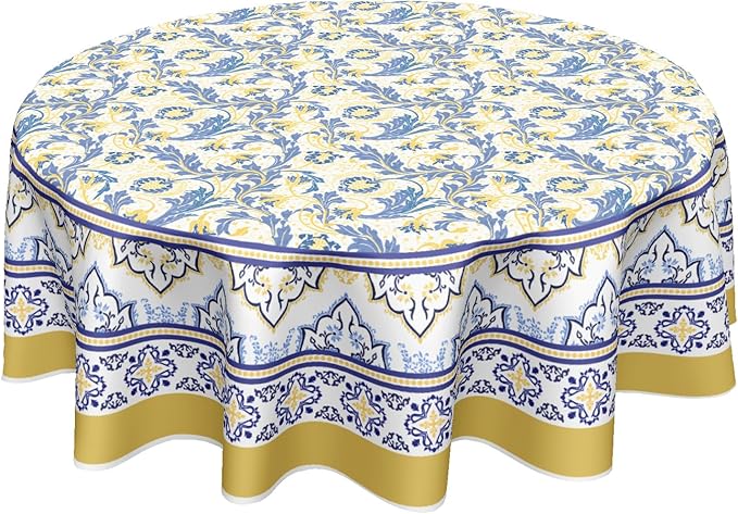 Yellow and Blue Floral Tablecloth Round 70 Inch Farmhouse Boho Tablecloth Spring Summer Fabric Table Cloth With Wrinkle Resistant For Kitchen Holiday Picnic Party Dinner Room Indoor Outdoor Decor