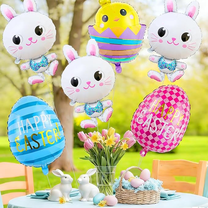6PCS Easter Balloons Include Bunny and Egg Balloons for Easter Party Supplies, Bunny Birthday Decorations, Easter Carrot and Picnic Party Decor