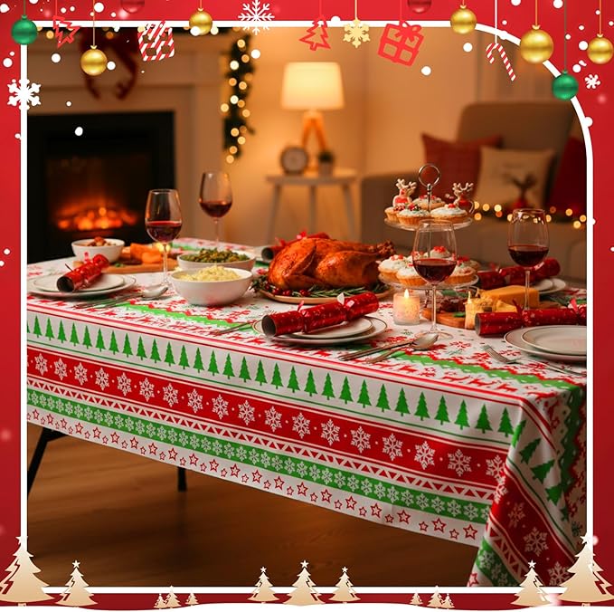 Oudain 3 Pack Christmas Tablecloths, Christmas Party Decoration, Disposable Plastic Tablecloth Rectangle 108 x 54 Inch Elk Snowflake Table Cover White Elephant Themed Decor for Xmas Party