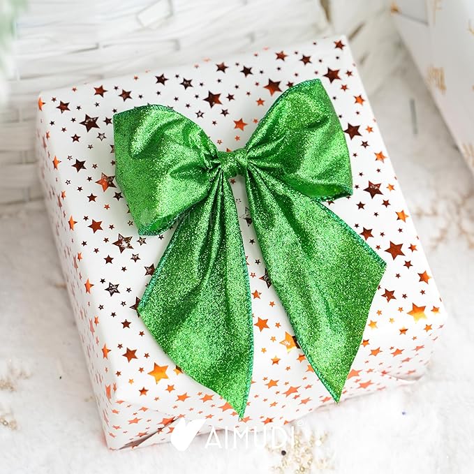 AIMUDI Lime Green Glitter Wired Ribbon Bows with Twist Tie 5.5" Premade Metallic Christmas Bows for Gift Wrapping, Wreath, Garland, Holiday Crafts Party Home Outdoor Christmas Tree Decorations, 12 PCs