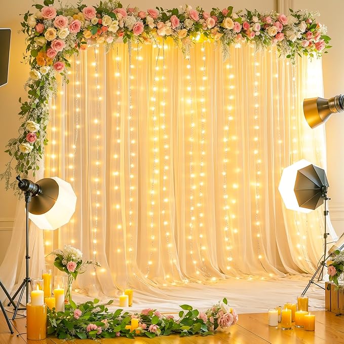 10x10FT Champagne Wrinkle Free Backdrop Curtains with Lights String for Parties - Photo Curtain Backdrop with Lights for Wedding Decorations, Bridal Baby Shower Birthday Party Photography Background