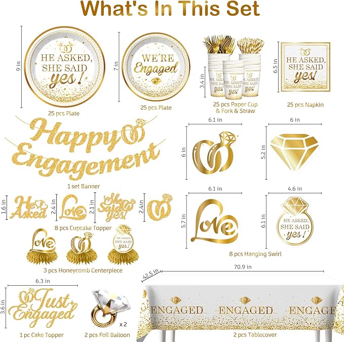 Engagement Party Decorations, Happy Engagement Banner Ring Foil Balloons He Asked She Said Yes Disposable Dinnerware with 2 Pcs Waterproof Engaged Tablecloth Wedding Proposal Decorations Party Decor