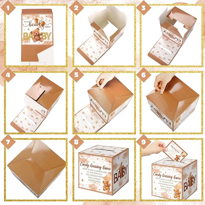 Glenmal 52 Pcs Baby Shower Games Gift Sets Large Baby Bottle for Shower Game Guess How Many Candies Decorations for Gender Reveal(Brown Bear)