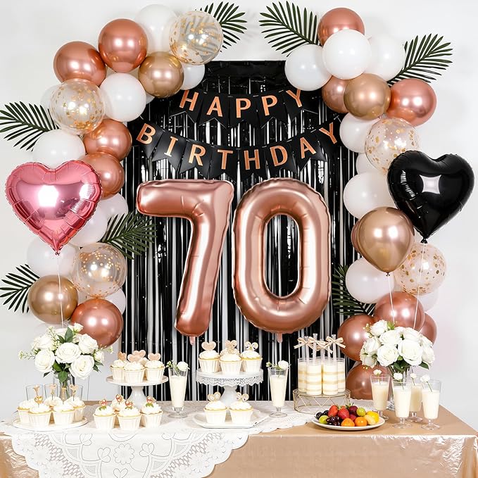 70th Birthday Decorations for Women - Rose Gold, Black and Hot Pink Party Supplies Set with Happy 70th Banner, Number 70 Balloons and Foil Fringe Curtains - 70 Year Old Celebration Kit
