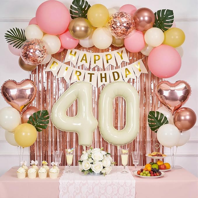 40th Birthday Decorations for Women, Retro Sand White and Cream Balloon Garland Kit, Cream Number 40 Balloon, Pink Happy 40th Banner, Milestone Party Supplies