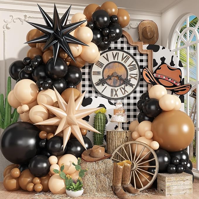 Black Brown Nude Balloon Garland Arch Kit, 104 PCS Black Beige Star Foil Balloons, Dark Brown Tan White Sand Balloons for Cowboy Western Wild First Rodeo Country Farm Baby Shower Birthday Party Decor