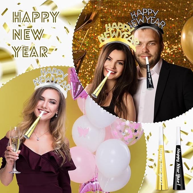 Shappy 24 Pcs 2026 New Year Party Supplies Happy New Year Headband Horn Sounder Noisemakers Eve Party Decorations