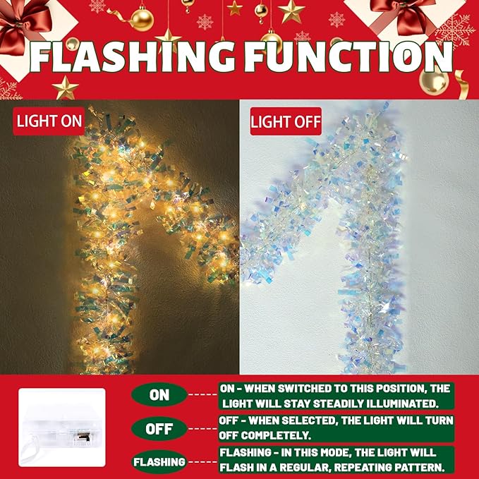 LAWOHO 6.5FT/2M Christmas Tinsel Garland with 40 LED Lights, Shiny Iridescent Foil Decorations for Christmas Tree, Wedding Birthday Party Supplies, New Year Holiday Parties, Indoor Hanging Home Decor