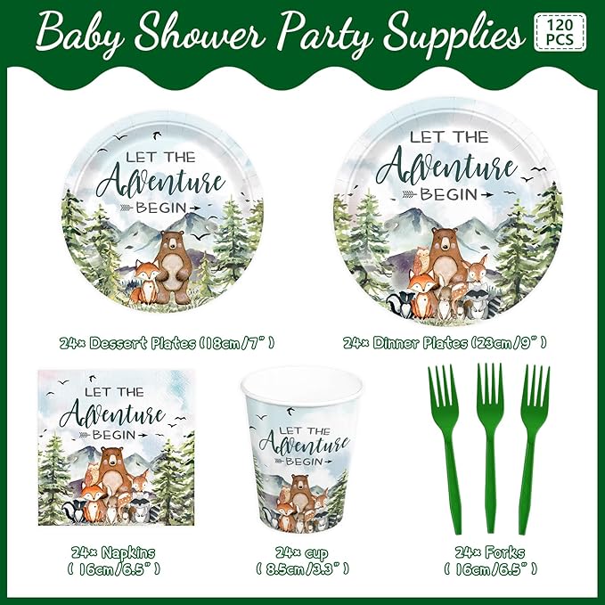 120pcs Let The Adventure Begin Party Supplies Baby Shower Plates Napkins Tableware Set Disposable Cups Green Forks Adventure Party Supplies for 24 Guests