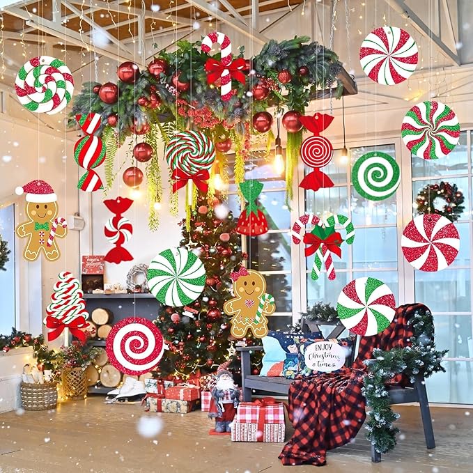 GuassLee Candy Gingerbread Christmas Outdoor Decorations - 18pcs Large Hanging Candy Cane Gingerbread Man Lollipop Decor for Outdoor Yard Porch Christmas Tree Decorations