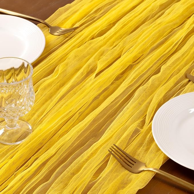 Socomi Yellow Cheesecloth Table Runner Tulle Gauze Cheese clothBoho Rustic 120 inch 10FT Runner for Wedding Party Baby Shower Birthday Holiday Decorations 1pc
