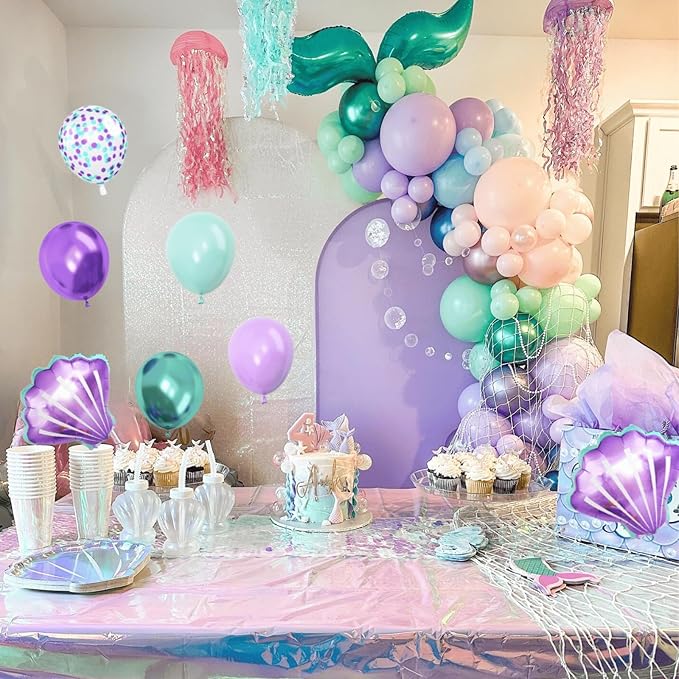 7th Mermaid Birthday Decoration,Metallic Purple Pink Green Blue Latex Balloons for Girls Party Decoration Number 7 Seashell Foil Balloons Banner Cake Topper Mermaid Sea Decorations