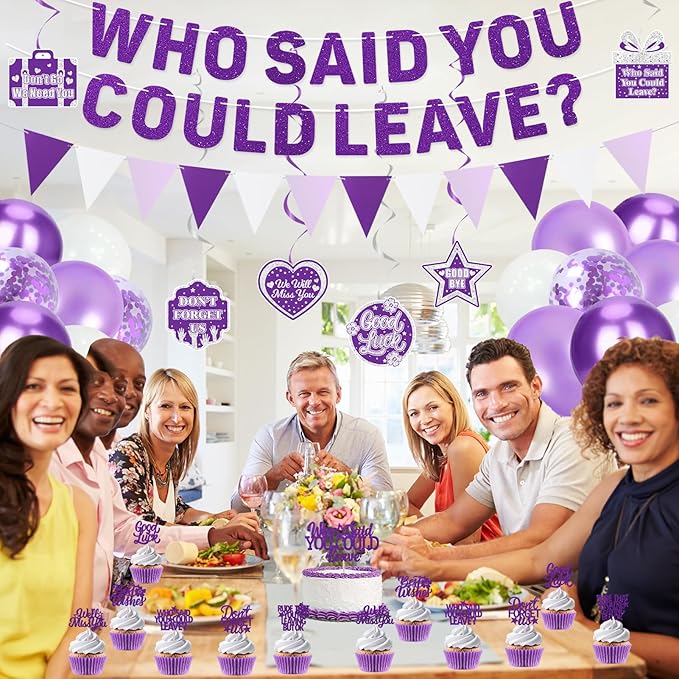 Roetyce Farewell Party Decorations, Purple Silver Who Said You Could Leave Banner Cake Toppers Balloons Hanging Swirls, Going Away Retirement Leaving Party Decorations, Coworker Goodbye Party Supplies