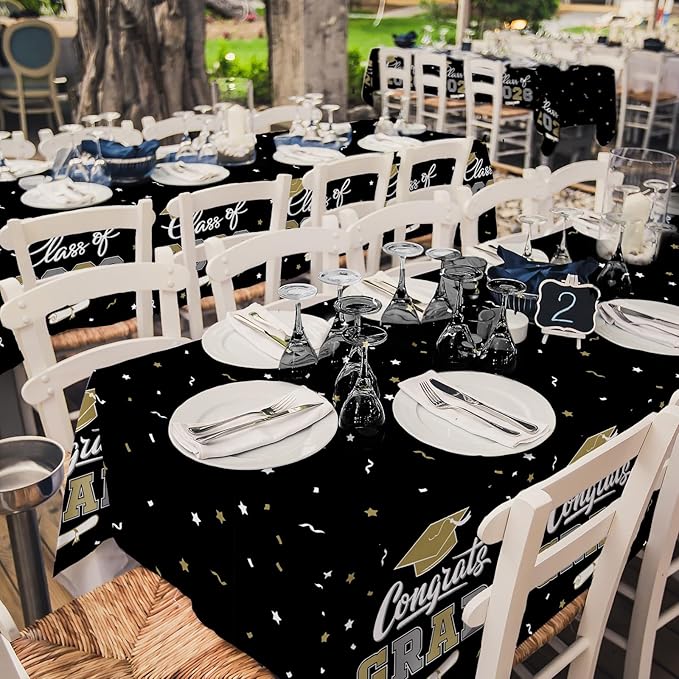 Gatherfun 2026 Graduation Decorations : 2-Pack Congrats Grad Disposable Tablecovers - Class of 2026 Black and Gold Themed Table Cloths, for Graduation Party Supplies & Graduation Backdrop, 54" X 108"