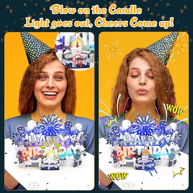 INPHER Musical Birthday Card 3D Pop Up with Light Blow Out LED Candle and Plays Happy Birthday Music Surprise Greeting Cards Gifts for Women Navy Silver