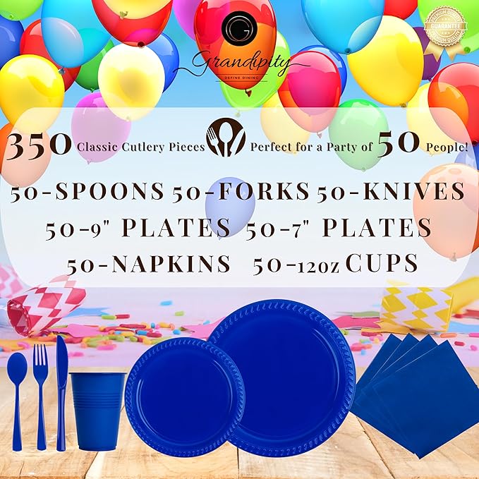 350 Piece BLUE Disposable Dinnerware Set 50 Guests, Plastic Party Plates And Cups And Napkins Sets - 50 Count 9" Dinner Plates, 7" Dessert Plates, 12oz Cups, Paper Napkins, Forks, Knives & Spoons