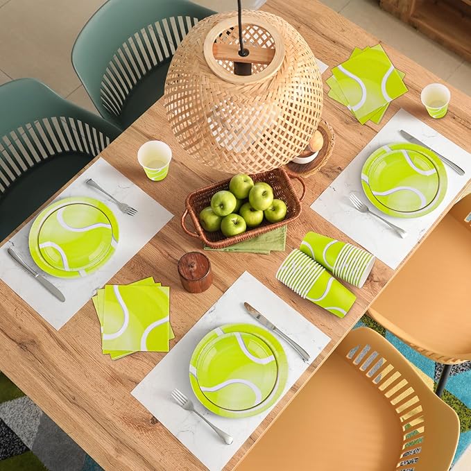 durony 96 Pieces Tennis Party Supplies Tableware Set Include Tennis Paper Plates Napkins and Cups Ball Game Dessert Plates for Sports Party Decorations, Serve 24 Guests