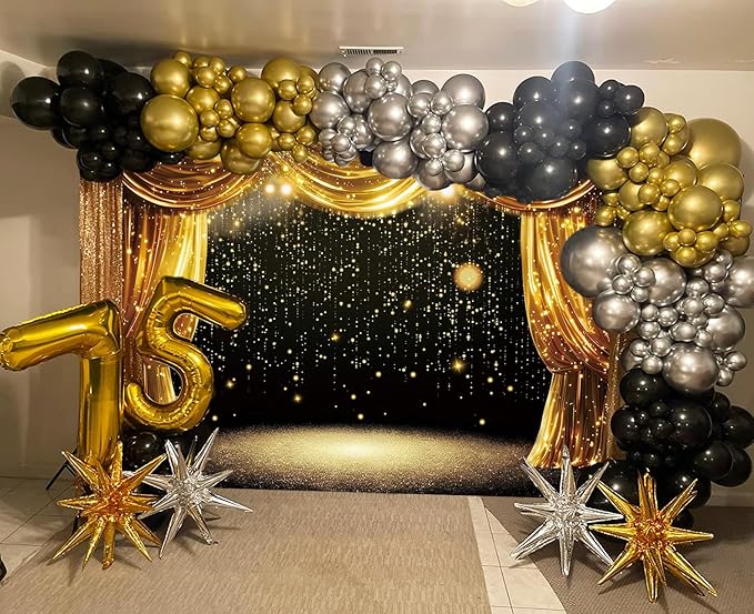 Black Gold Backdrop Black Gold Curtains Glitter Spots Theater Stage Photography Background Adults Kids VIP Carnival Graduation Prom New Year Birthday Party Decorations Banner Photo Props (7x5FT)