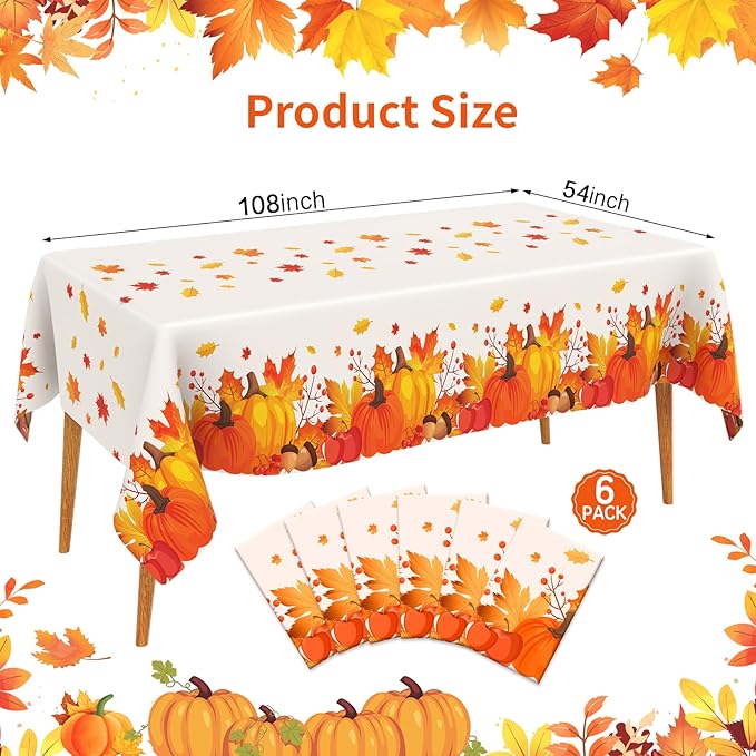 Thanksgiving Tablecloth Disposable 6 Pack, Thanksgiving Decorations for Party Fall Tablecloth Plastic Table Cover 54" x 108" Table Decor Party Supplies Indoor and Outdoor Fall Decorations for Parties