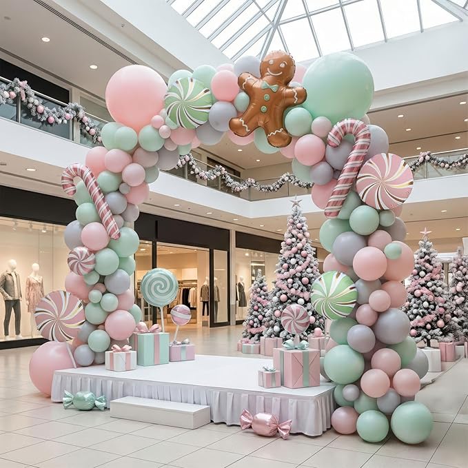 Christmas Balloon Garland Arch kit green pink balloon with Gingerbread Balloon Cane Candy Foil Balloons for Christmas Party Decorations Xmas New Year Birthday Party Supplies globos de navidad