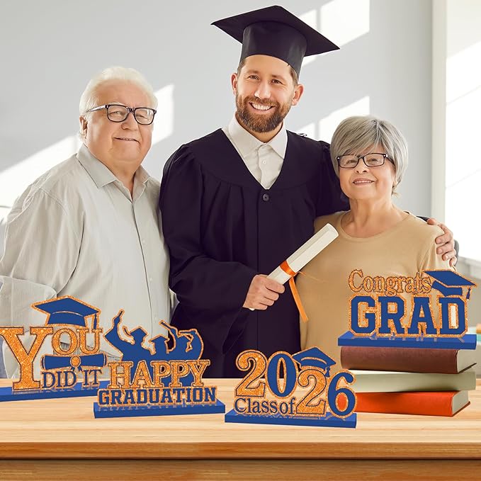 4Pcs Graduation Decorations Class of 2026 Wood Table Centerpieces Congrats Grad Wooden Sign Graduation Table Toppers Congratulate Tiered Tray Decor for 2026 Graduation Party(Orange-Blue)
