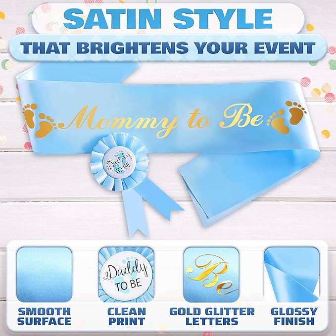 Baby Shower Sash for Mommy - Blue Glossy Satin with Gold Glitz Letters Mom to Be Baby Shower Decorations Boy for Cute Appearance - Mommy to Be Sash with Dad to Be Pin, Gender Reveal Party Gifts