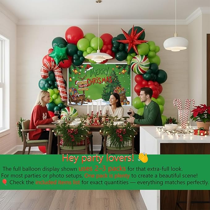 Christmas Balloon Garland Arch Kit with backdrop Xmas Red Green Balloons Candy Cane Gift Box Star Foil Balloons for Christmas New Year Birthday Party Decorations (Red Green)