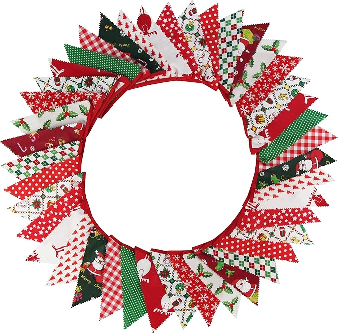 GCQQ Christmas Pennant Banner 40FT Cotton Fabric Xmas Banner 42Pcs Red Green Merry Christmas Party Banner 14 Rustic Different Floral Bunting Garlands for Home Outdoor Decoration