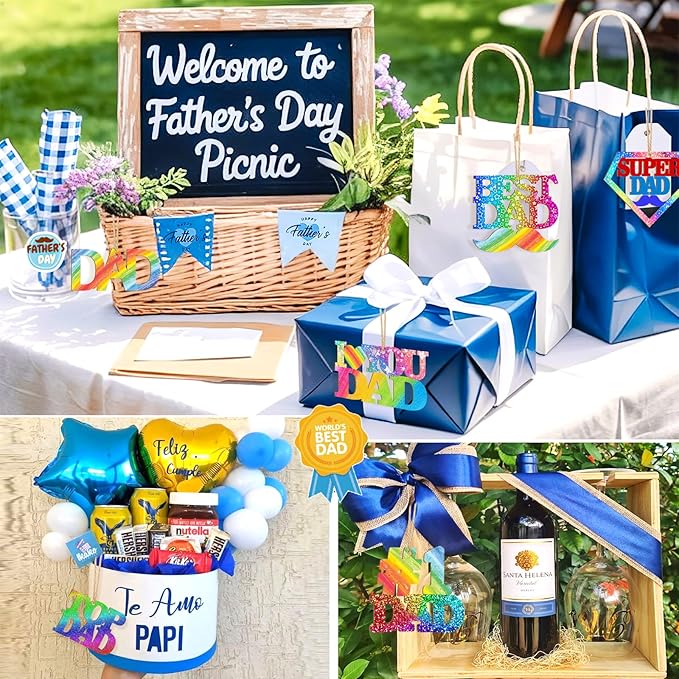 36PCS Wooden Father's Day Ornaments to Paint, 6 Styles Best DAD DIY Blank Unfinished Wood Cutouts Father's Day Gifts Ornament for Crafts Birthday Party Hanging Decorations Daddy