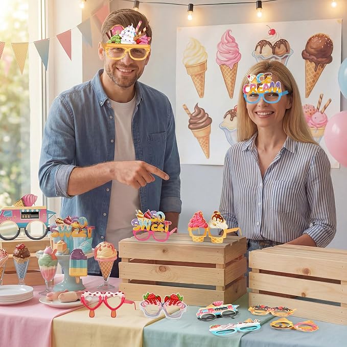 Pajean 32 Pcs Ice Cream Party Decorations Eyeglasses Ice Cream Themed Paper Glasses Summer Creams Photo Booth Props Frame 67 Birthday Decor for Sweet Summer 6 7 Birthday Party Baby Shower Supplies