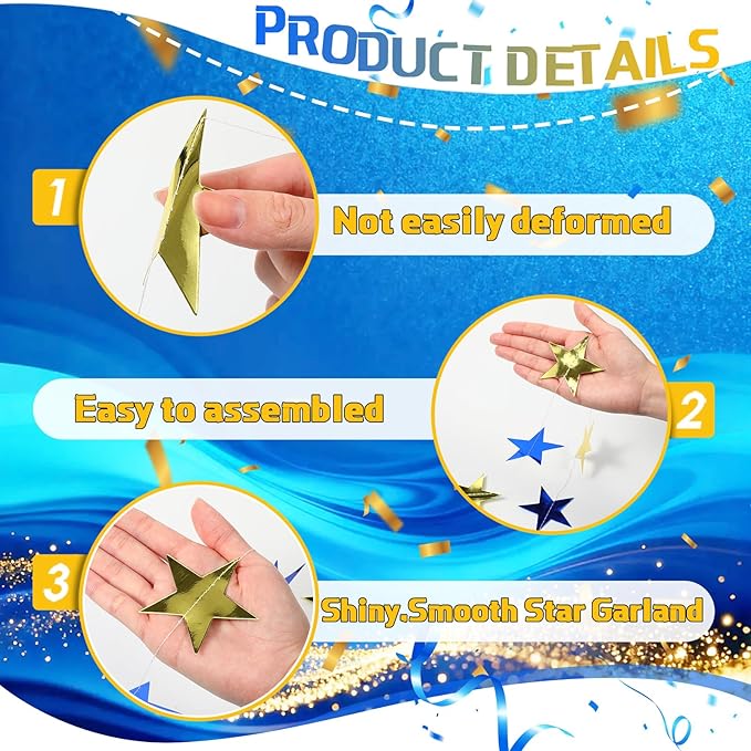 Spakon 65 Feet Glitter Star Shaped Paper Garland Banner Hanging Decoration Star Streamer Double Side 2026 Graduation Decorations for Wedding Birthday New Year Party Decoration (Gold and Blue)