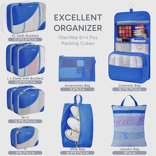 10 Set Packing Cubes for Travel, Gifts for Women Mom,Anti-Tearing Suitcase Organizer for Luggage with Shoe & Hanging Toiletry Bag,OlarHike Vacation Essentials & Accessories for Cruise Ship